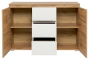 Kommode aus Holz mit zwei offenen Türen und drei weißen Schubladen, frontale Ansicht