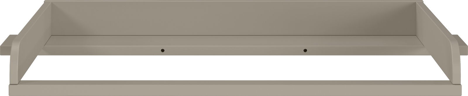 Frontale Ansicht eines grauen Regals, das Teil eines 4-teiligen Babyzimmersets ist.