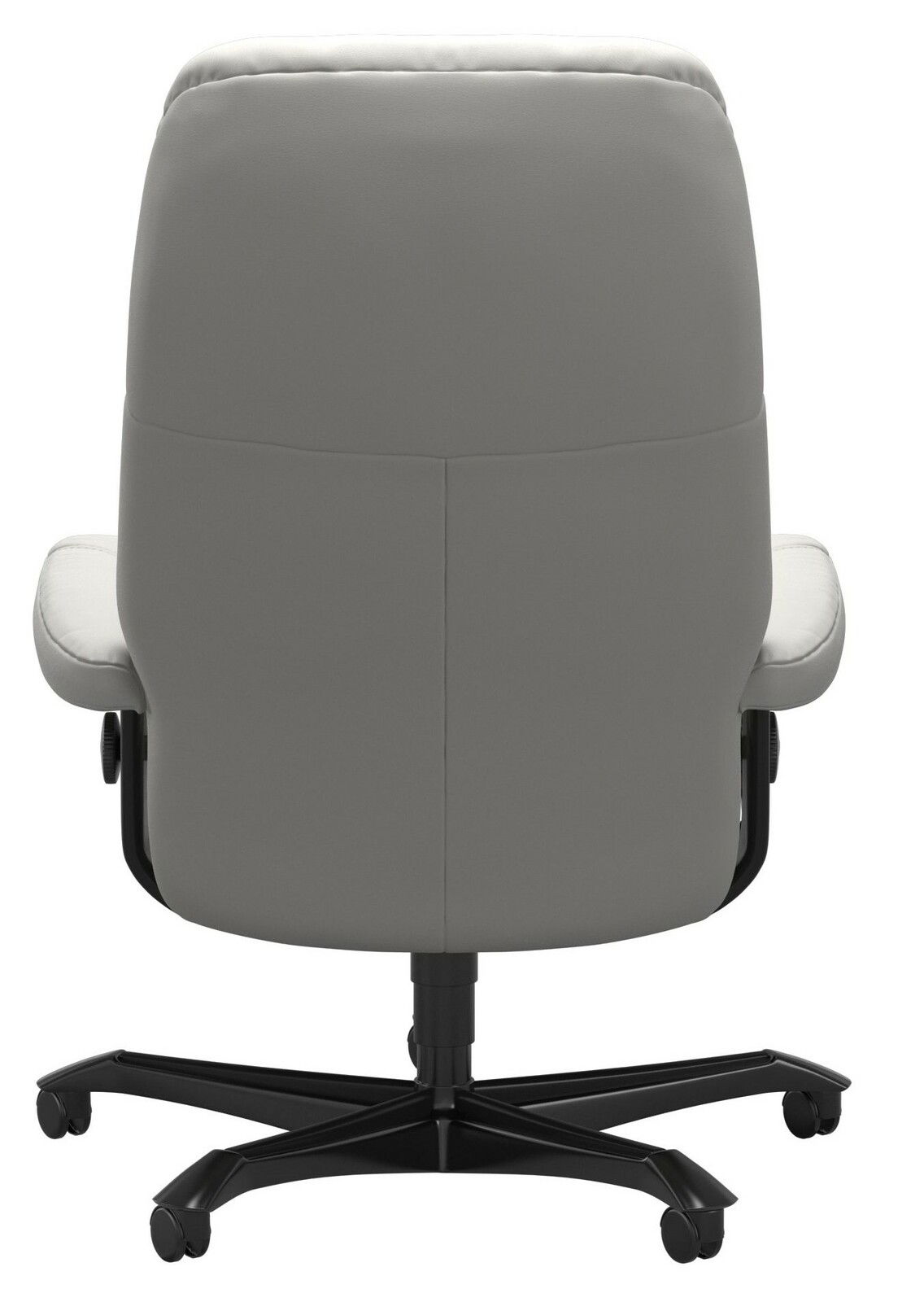 Rückansicht eines grauen Chefsessels mit schwarzem Fußkreuz und Rollen