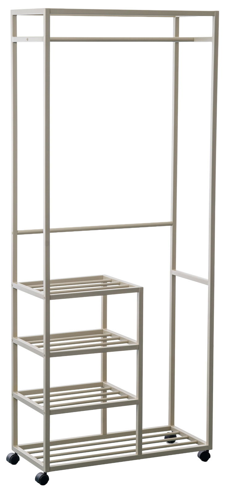 Moderner Garderobenwagen aus Metall mit mehreren Ablagen und Rollen, seitliche Perspektive.