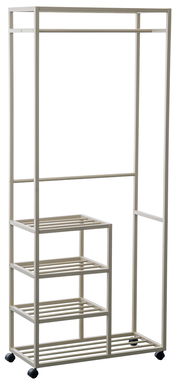 Moderner Garderobenwagen aus Metall mit mehreren Ablagen und Rollen, seitliche Perspektive.