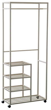 Moderne metalen garderobekar met meerdere legplanken en wieltjes, zijaanzicht.