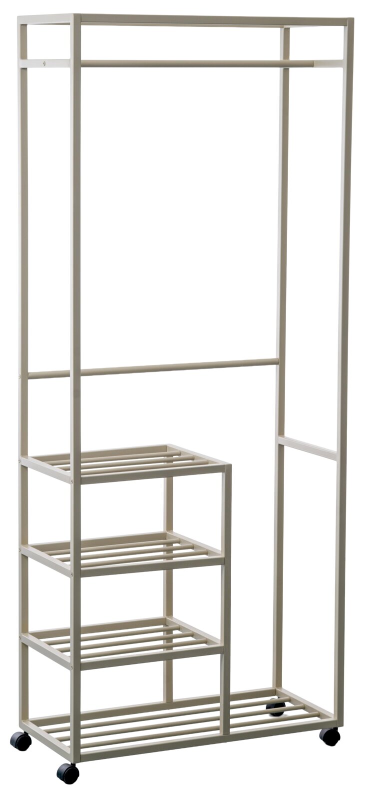 Moderne metalen garderobekar met meerdere legplanken en wieltjes, zijaanzicht.