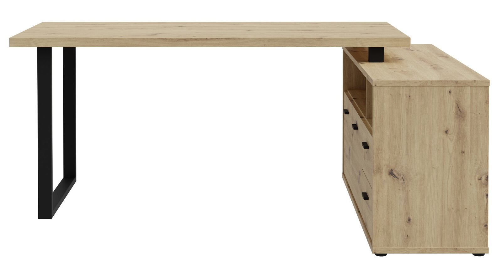 Moderner Winkelschreibtisch aus Holz mit schwarzem Metallgestell, seitliche Perspektive