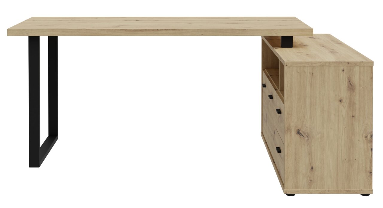 Moderner Winkelschreibtisch aus Holz mit schwarzem Metallgestell, seitliche Perspektive