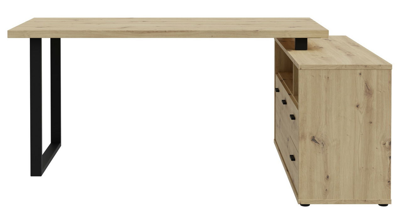 Moderner Winkelschreibtisch aus Holz mit schwarzem Metallgestell, seitliche Perspektive