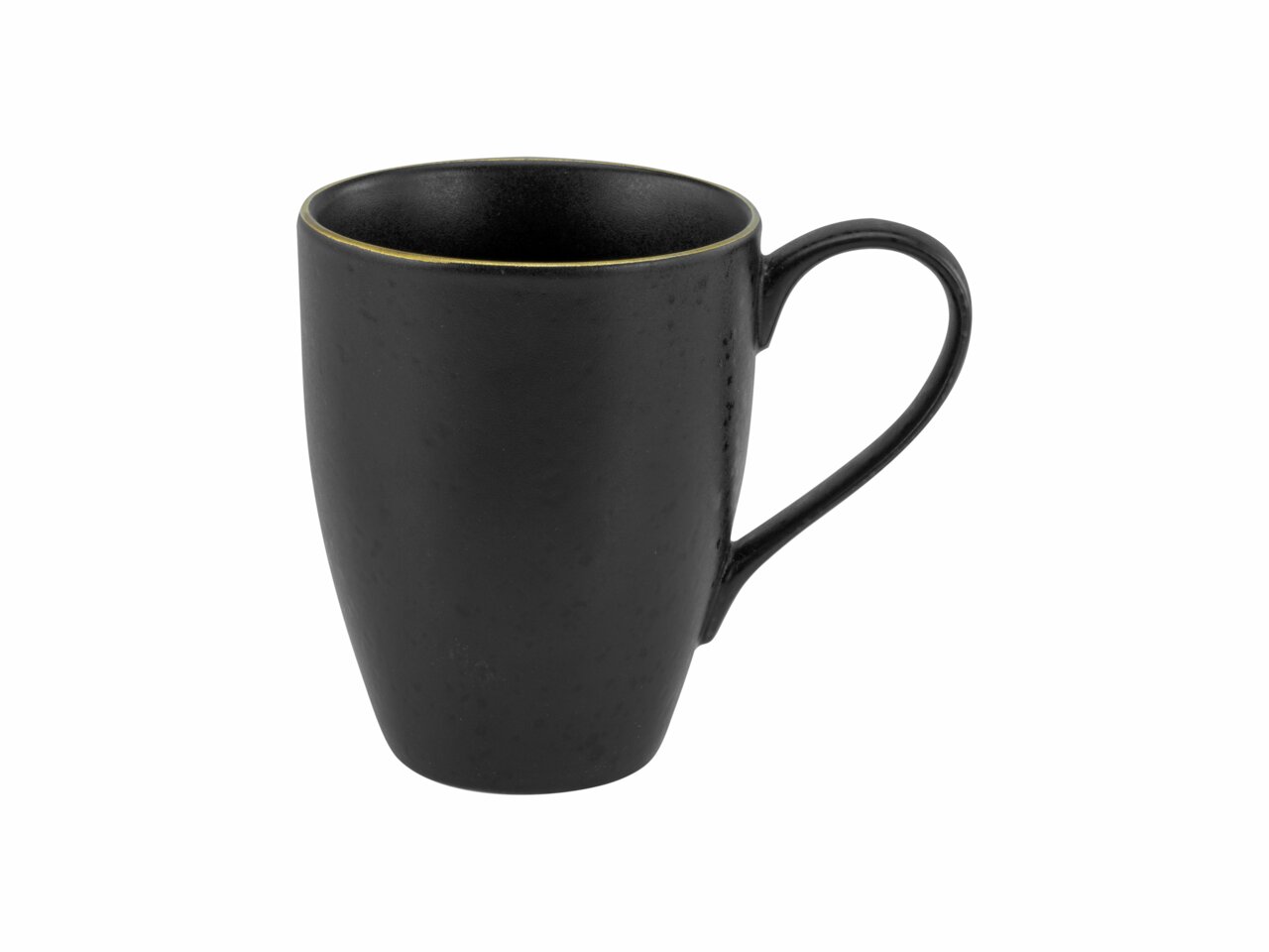 Schwarze Tasse mit Henkel, seitliche Perspektive, dezenter goldener Rand