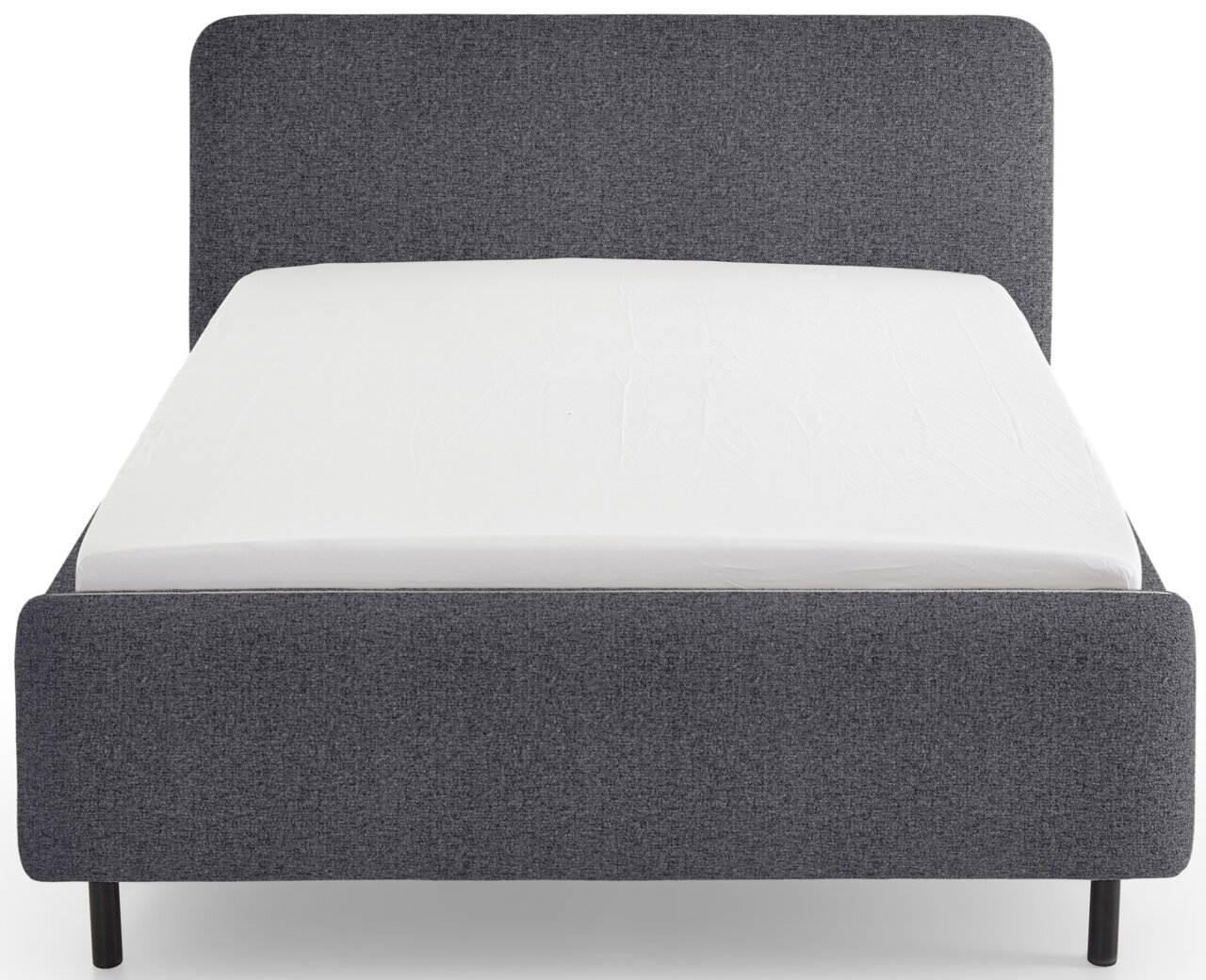 Graues Polsterbett in Frontalansicht mit schlichtem Design und schwarzem Gestell.