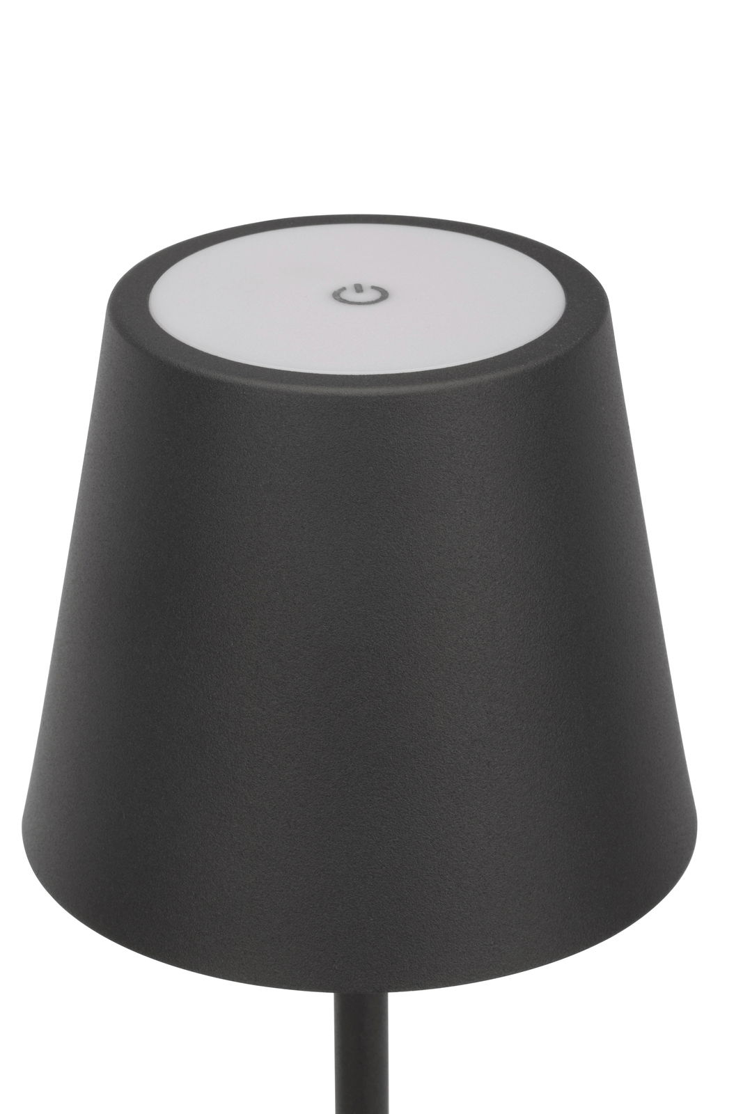 Schwarze Akku-Tischleuchte mit modernem Design, von oben betrachtet.