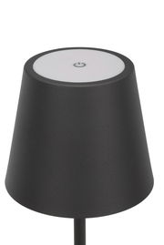 Schwarze Akku-Tischleuchte mit modernem Design, von oben betrachtet.