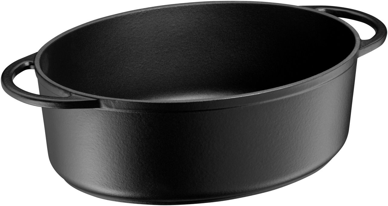 Schwarzer Gusseisen-Bräter mit zwei Griffen, seitliche Perspektive