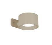 Beige Akku-Wandleuchte in seitlicher Perspektive, zylindrisches Design mit Wandhalterung.