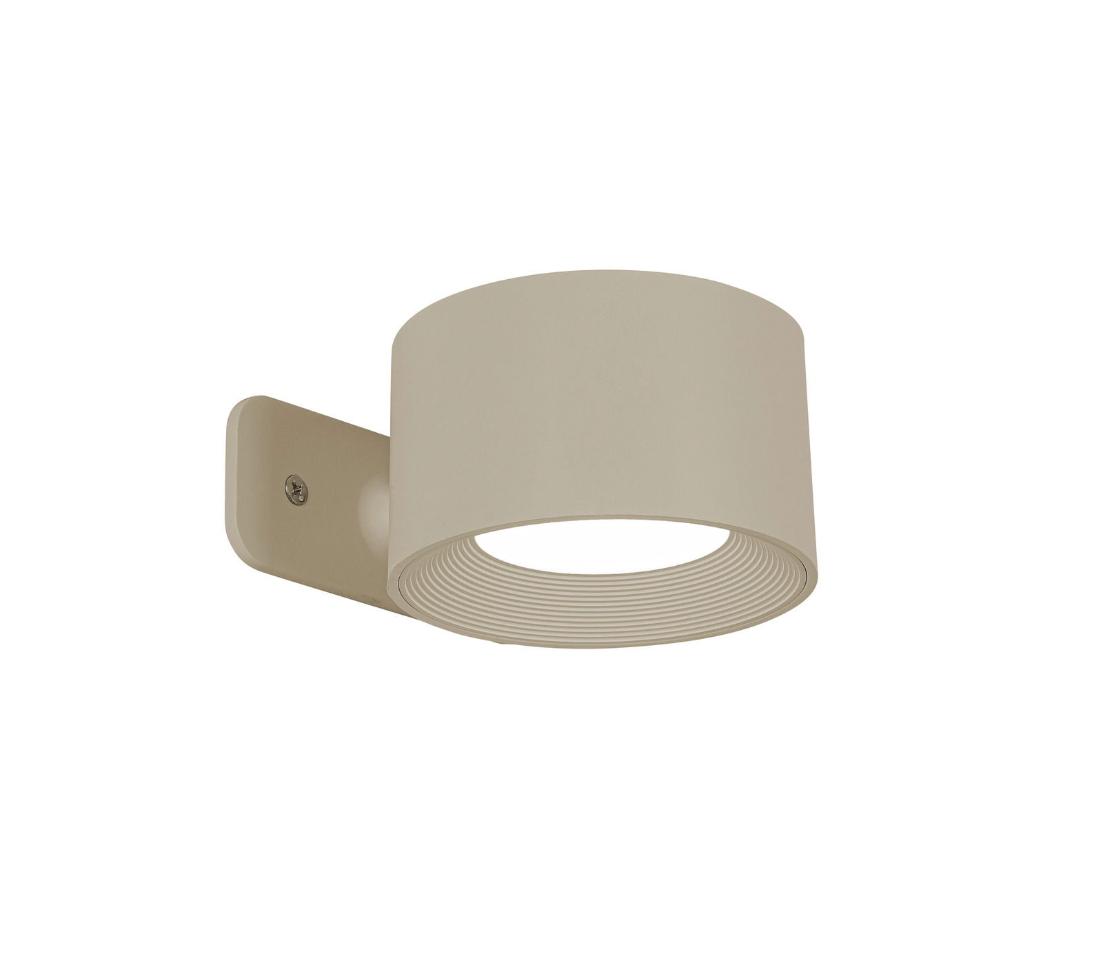 Beige Akku-Wandleuchte in seitlicher Perspektive, zylindrisches Design mit Wandhalterung.