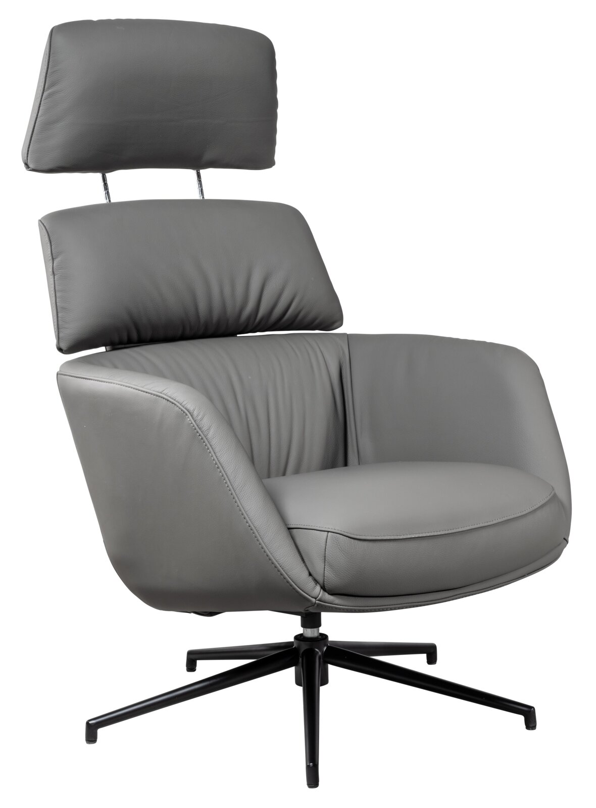 Dieter Knoll Fauteuil incl. voetenbankje PABLO STYLE Grijze, gestoffeerde loungestoel of draaistoel met hoge rugleuning, verstelbare hoofdsteun en zwart stervormig onderstel, vrijstaand op een witte achtergrond, perspectief: vooraanzicht, licht van links