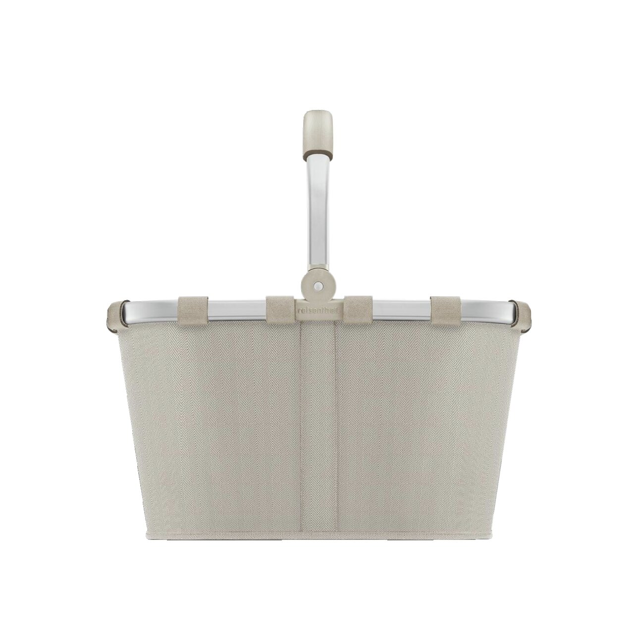 Vooraanzicht van een zandkleurige Carrybag met visgraatpatroon en aluminium handvat.