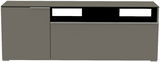 Frontansicht eines modernen, grauen TV-Lowboards mit zwei Türen und offenen Fächern.