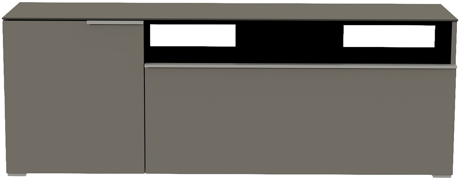 Moderano TV-Lowboard BORMIO Frontansicht eines modernen, grauen TV-Lowboards mit zwei Türen und offenen Fächern.