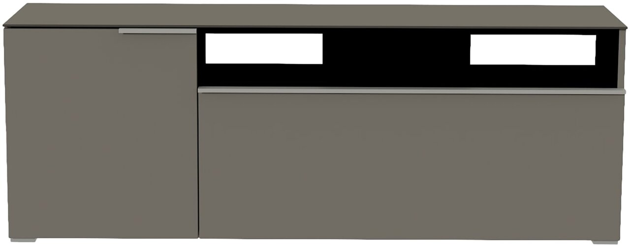 Moderano TV-Lowboard BORMIO Frontansicht eines modernen, grauen TV-Lowboards mit zwei Türen und offenen Fächern.