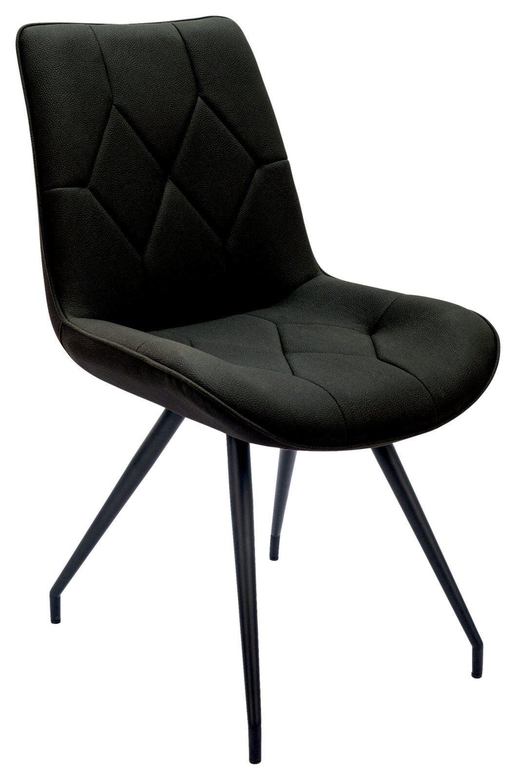 Moderner schwarzer Stuhl mit gepolsterter Sitzfläche und Rückenlehne, seitliche Perspektive