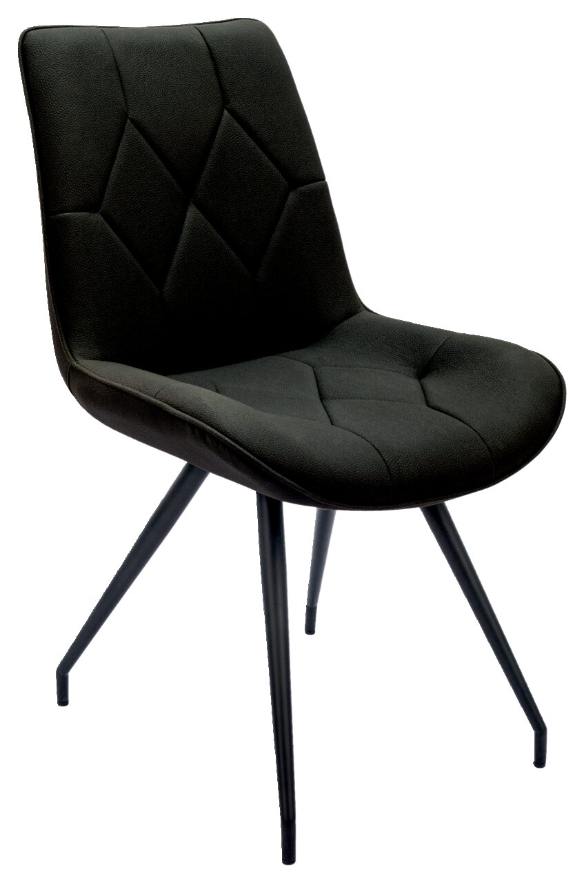 Moderner schwarzer Stuhl mit gepolsterter Sitzfläche und Rückenlehne, seitliche Perspektive