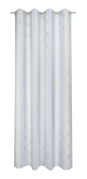 Ösenvorhang in Weiß und Grau mit floralem Muster, frontal fotografiert.