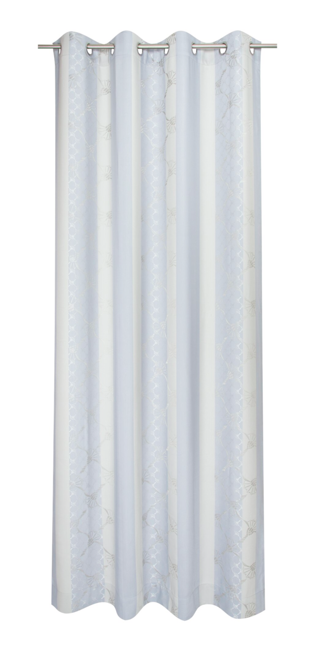 Ösenvorhang in Weiß und Grau mit floralem Muster, frontal fotografiert.
