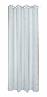 Ösenvorhang in Weiß und Grau mit floralem Muster, frontal fotografiert.
