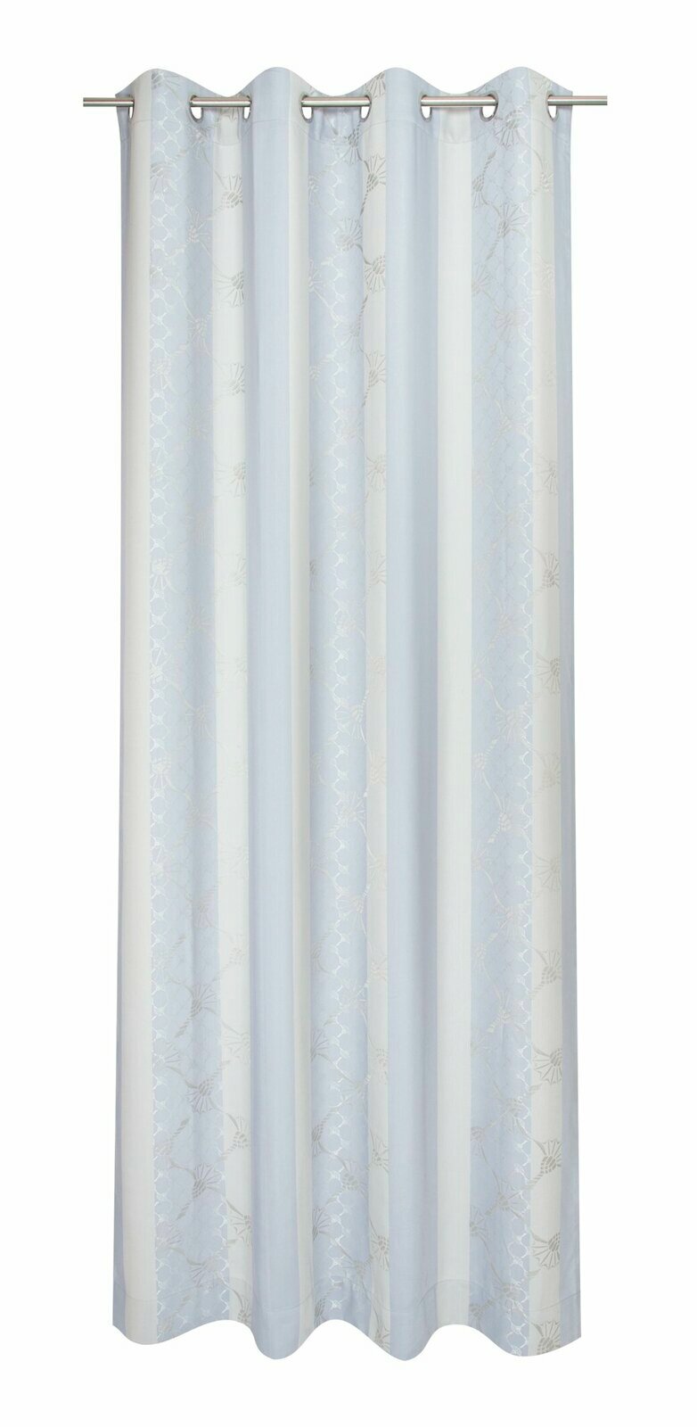 Ösenvorhang in Weiß und Grau mit floralem Muster, frontal fotografiert.