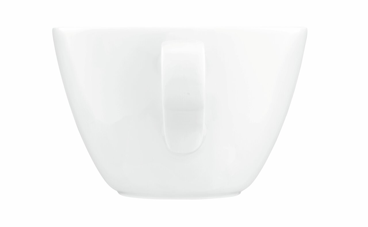 Weiße Milchkaffeetasse Life 0,37l, seitliche Ansicht mit Henkel