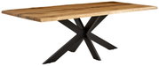 Moderner Esstisch aus Holz mit schwarzem Metallgestell, seitliche Perspektive