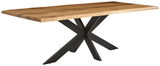 Moderner Esstisch aus Holz mit schwarzem Metallgestell, seitliche Perspektive