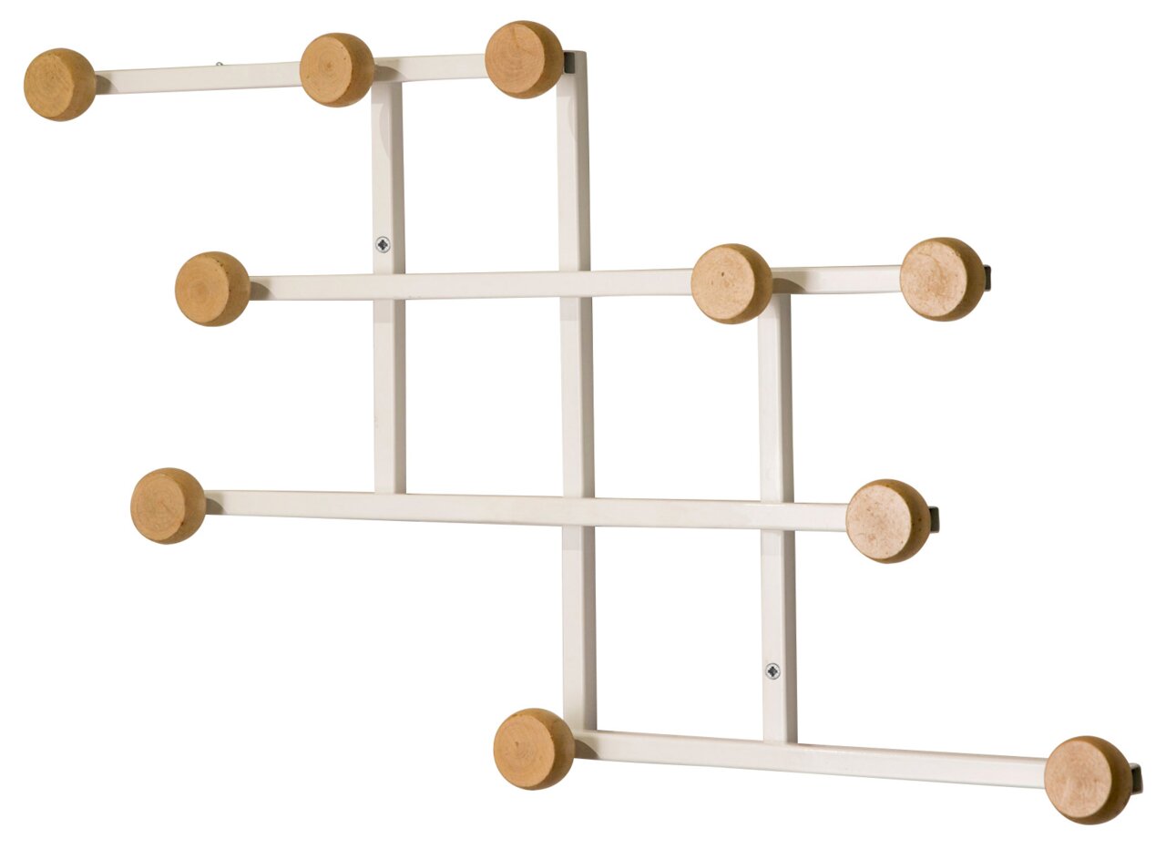 Garderobenhaken aus Holz und Metall in geometrischem Design, seitliche Perspektive