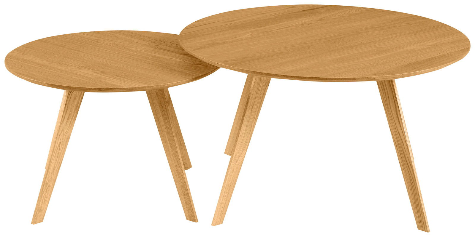 Zweier-Set aus runden Couchtischen aus Holz, perspektivisch von oben betrachtet