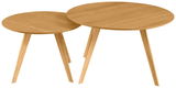 Zweier-Set aus runden Couchtischen aus Holz, perspektivisch von oben betrachtet