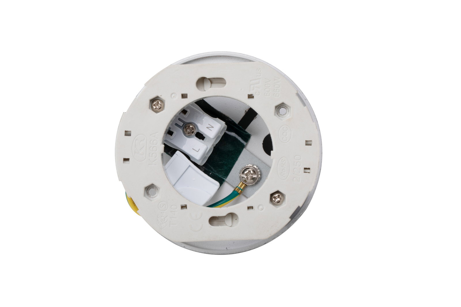 Rückansicht eines LED-Spotkopfes mit sichtbaren elektrischen Anschlüssen und Schrauben.