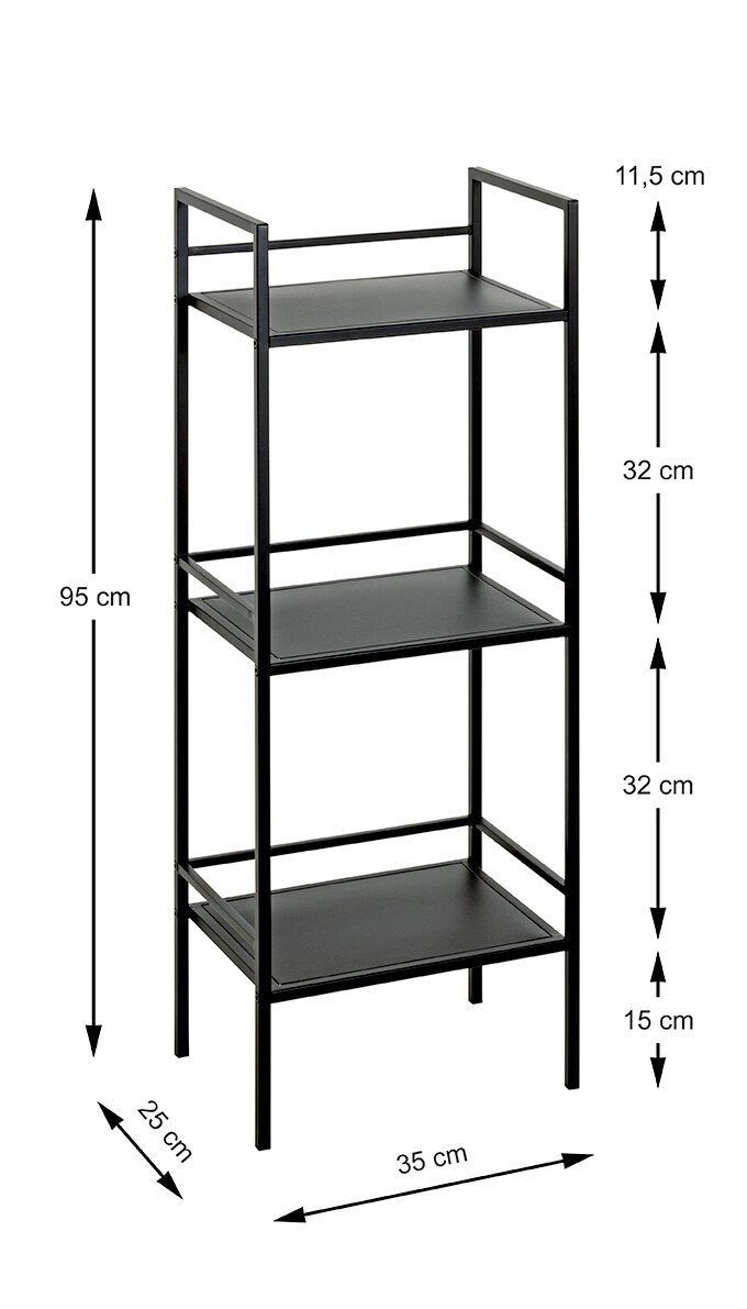 Schmales, schwarzes Metall-Standregal mit drei Ablagen und Maßangaben (ca. 95 cm hoch, 35 cm breit, 25 cm tief), freistehend vor weißem Hintergrund, in leichter Schrägansicht von vorn.