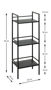 Schmales, schwarzes Metall-Standregal mit drei Ablagen und Maßangaben (ca. 95 cm hoch, 35 cm breit, 25 cm tief), freistehend vor weißem Hintergrund, in leichter Schrägansicht von vorn.