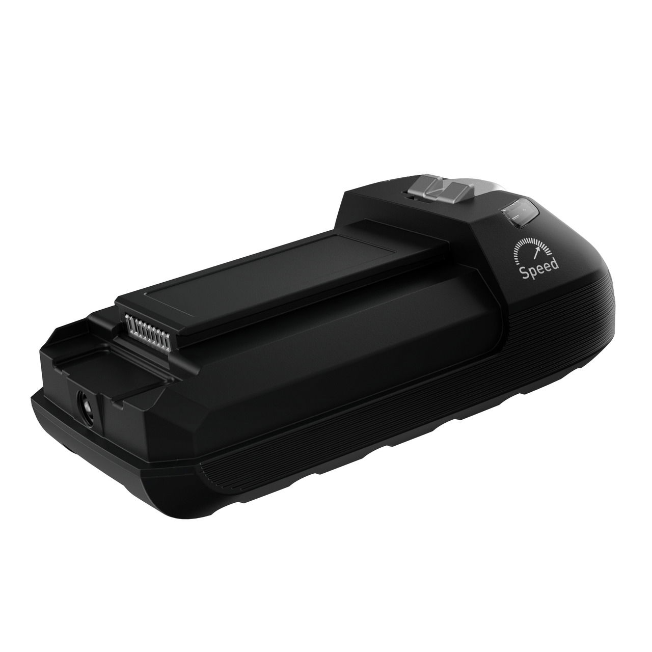 Schwarzer Staubsauger-Akku in seitlicher Perspektive mit Geschwindigkeitsanzeige.