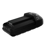 Schwarzer Staubsauger-Akku in seitlicher Perspektive mit Geschwindigkeitsanzeige.