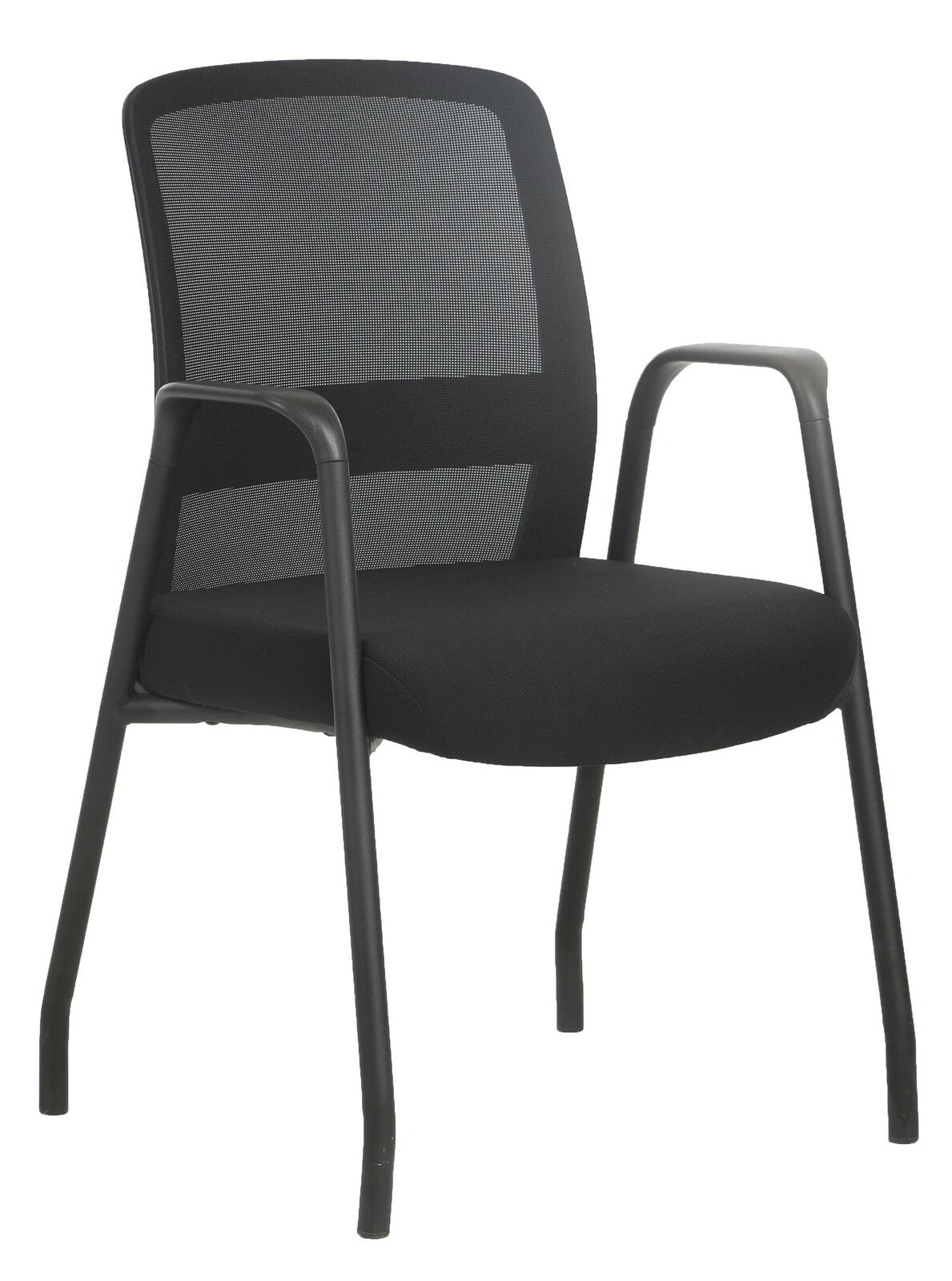 Schwarzer Besucherstuhl mit Netzrückenlehne und Armlehnen, seitliche Perspektive