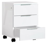 Weißer Rollcontainer mit drei Schubladen, eine davon geöffnet, auf Rollen, seitliche Perspektive