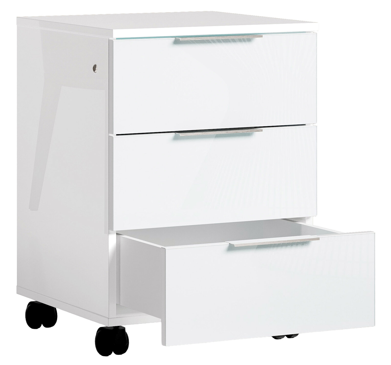 Weißer Rollcontainer mit drei Schubladen, eine davon geöffnet, auf Rollen, seitliche Perspektive