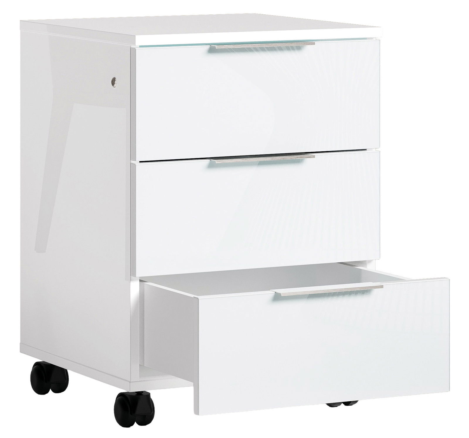 Weißer Rollcontainer mit drei Schubladen, eine davon geöffnet, auf Rollen, seitliche Perspektive