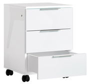 Weißer Rollcontainer mit drei Schubladen, eine davon geöffnet, auf Rollen, seitliche Perspektive