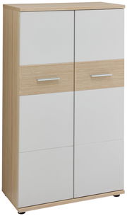 Moderner Aktenschrank in Holzoptik mit weißen Türen, Frontalansicht