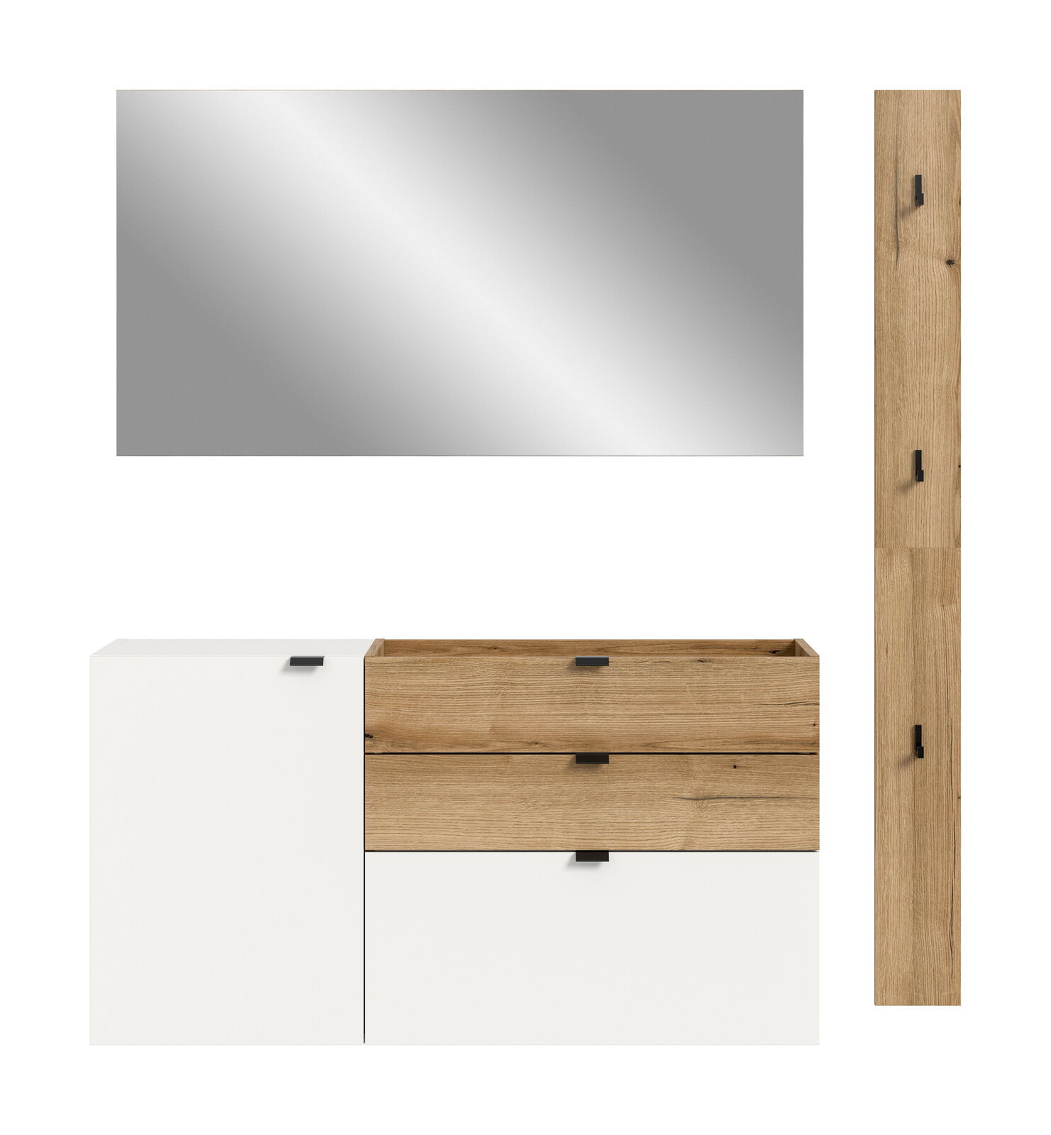 Badmöbel-Set mit großem rechteckigen Spiegel, weißem Unterschrank und Holzoptik-Schubladen mit schwarzen Griffen; Ansicht von vorne, zusätzlich Seitenansicht des Hochschranks rechts