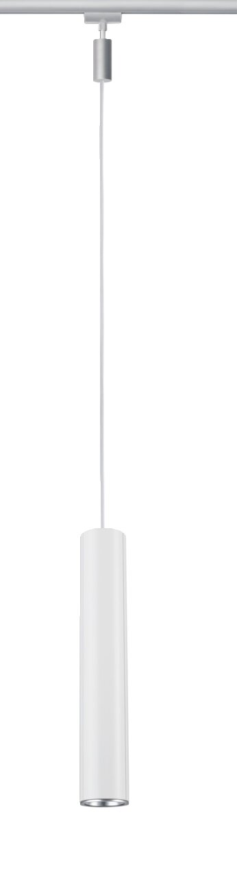 Cilindrische hanglamp in wit, opgehangen aan een rail, zijaanzicht