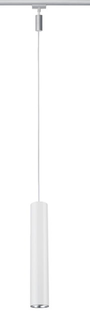 Cilindrische hanglamp in wit, opgehangen aan een rail, zijaanzicht