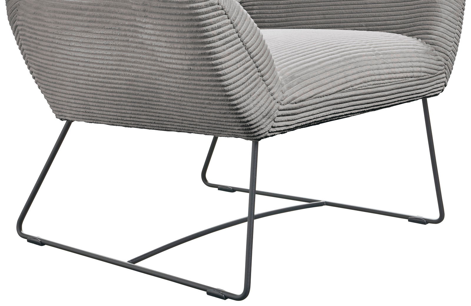 Grauer Sessel mit geripptem Stoffbezug und filigranem Metallgestell, seitliche Perspektive