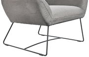 Grauer Sessel mit geripptem Stoffbezug und filigranem Metallgestell, seitliche Perspektive